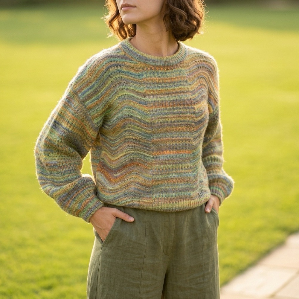 Women Green Multi Space Dye Wavy Knit Balloon Sleeve Sweater Sm Cottagecore Cory